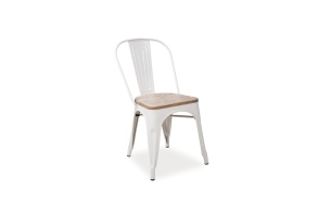 white vintage metal chair, wooden seat