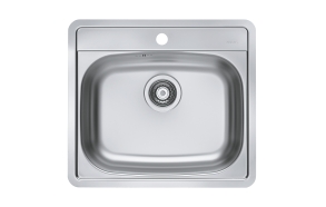 square stainless steel basin MORE 10, 56x50 cm, height 16 cm, waste 3 1/2´´,linen finish. Drain not included.