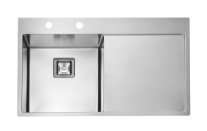 square stainless steel basin with worktop STYLUX 50 left, 86x51 cm height 20 cm, satin finish. Square automatic drain 3 1/2´´included.