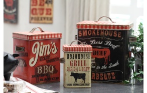 9-1/2"L x 11-1/4"H & 7-1/4"L x 9"H & 5"L x 7"H Tin Canisters w/ BBQ Images, Set of 3 ©