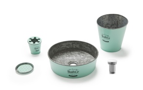 zinc worktop basin Kioto Aquamarine and accessories set: pop-up, bin, tumbler and soap dish