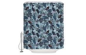 textile shower curtain Blue Florals 183x200 cm, white curtain rings included