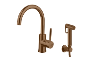 basin mixer Form A with movable spout and bidet spray, PVD brushed copper