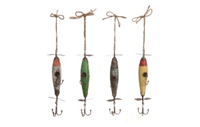 13-1/2"H Fir & Metal Vintage Reproduction of Fishing Lure Hooks, 4 Styles