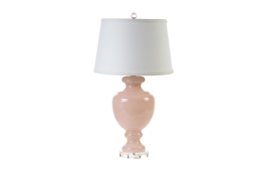 28"H Glass Table Lamp w/ Pink Crystal Base &
Linen Shade
(3 Way, 100 Watt Bulb Maximum)