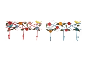 14-1/4"L x 2-1/2"W x 7-1/2"H Metal Hand-Painted Wall Hook Plaque w/ Bird & Flower, 2 Colors