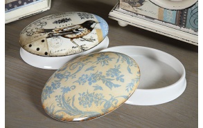 6-1/4"L Stoneware Oval Box w/ Bird & Damask Design, 2 Styles ©