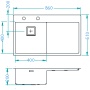 square stainless steel basin with worktop STYLUX 50 left, 86x51 cm height 20 cm, satin finish. Square automatic drain 3 1/2´´included.